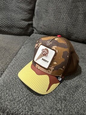 Rocky Brown Camo & Yellow Mens Trucker Hat with Ice Cream Patch